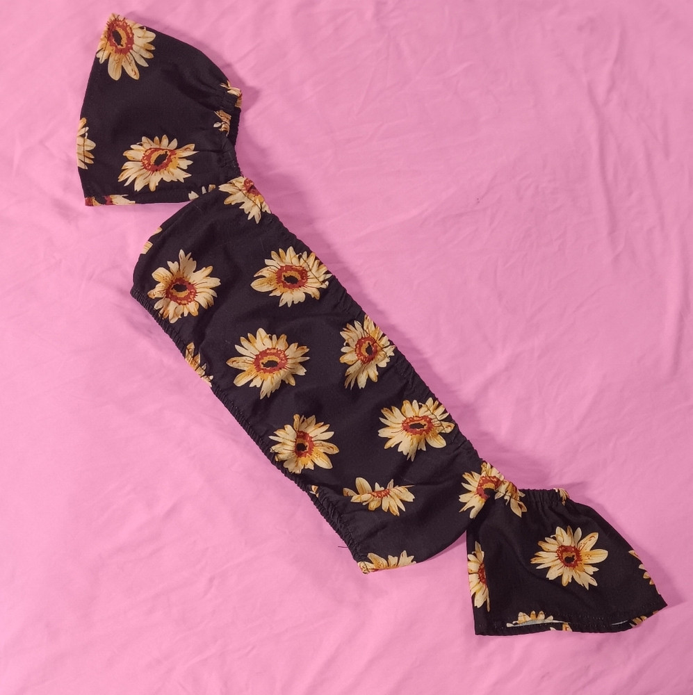 Black With Yellowish Floral Pattern Off The Shoulder Crop Top (XS-S)